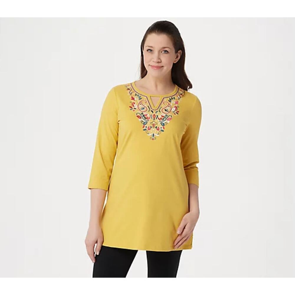 Denim & Co. Womens Tunic Top XXS Yellow Round Neck Embroidered 3/4 Sleeve NWOT